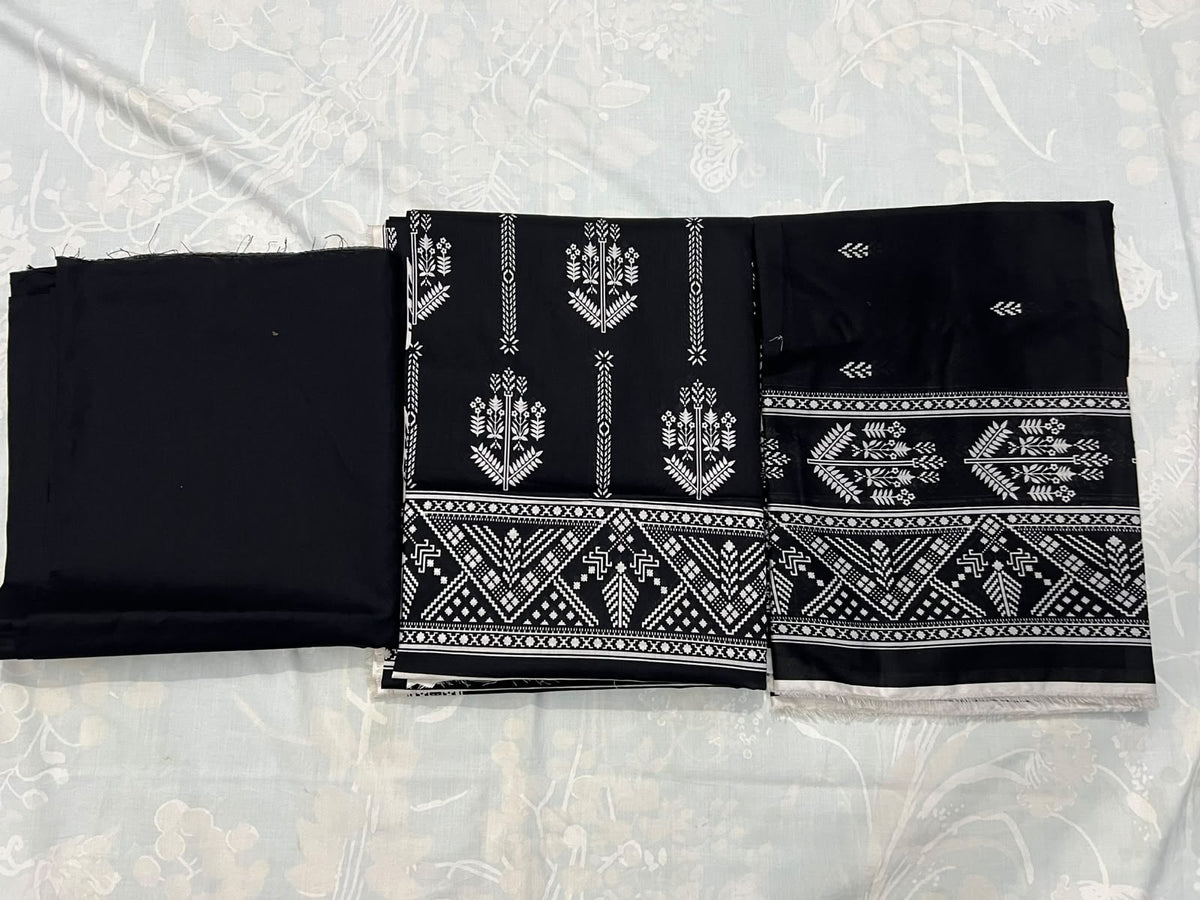 Premium Black Printed Lawn 3-Piece - White Print