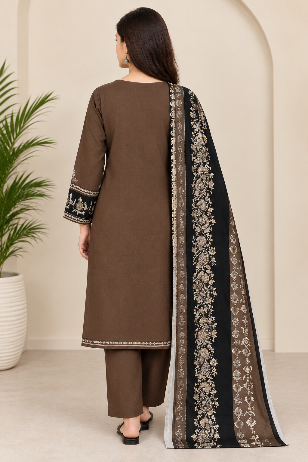 Premium Digital Khaddar 3-Piece - Brown & Black