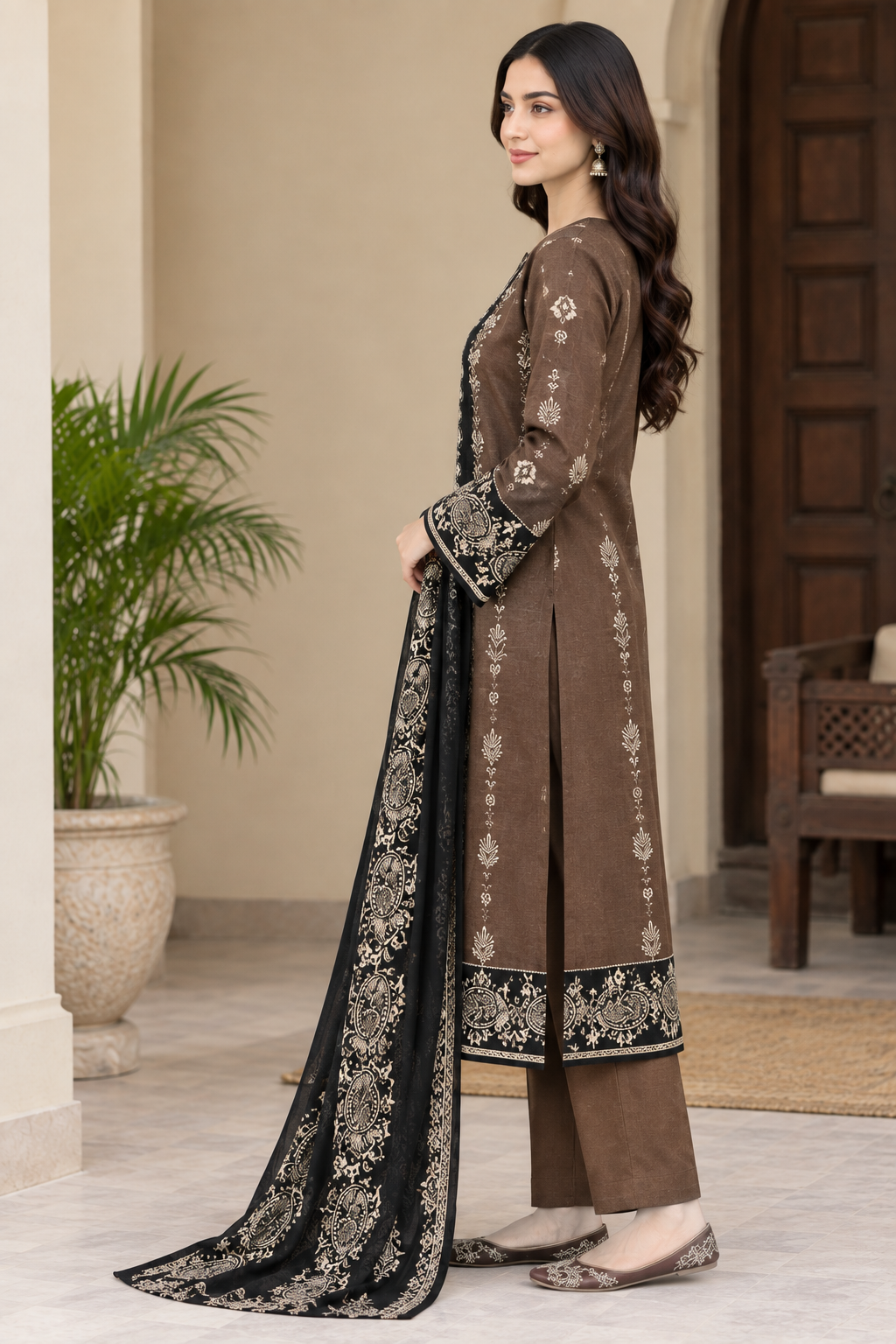 Premium Digital Khaddar 3-Piece - Brown & Black