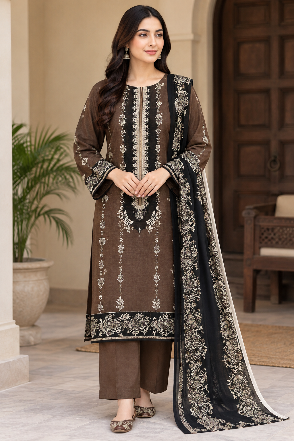 Premium Digital Khaddar 3-Piece - Brown & Black