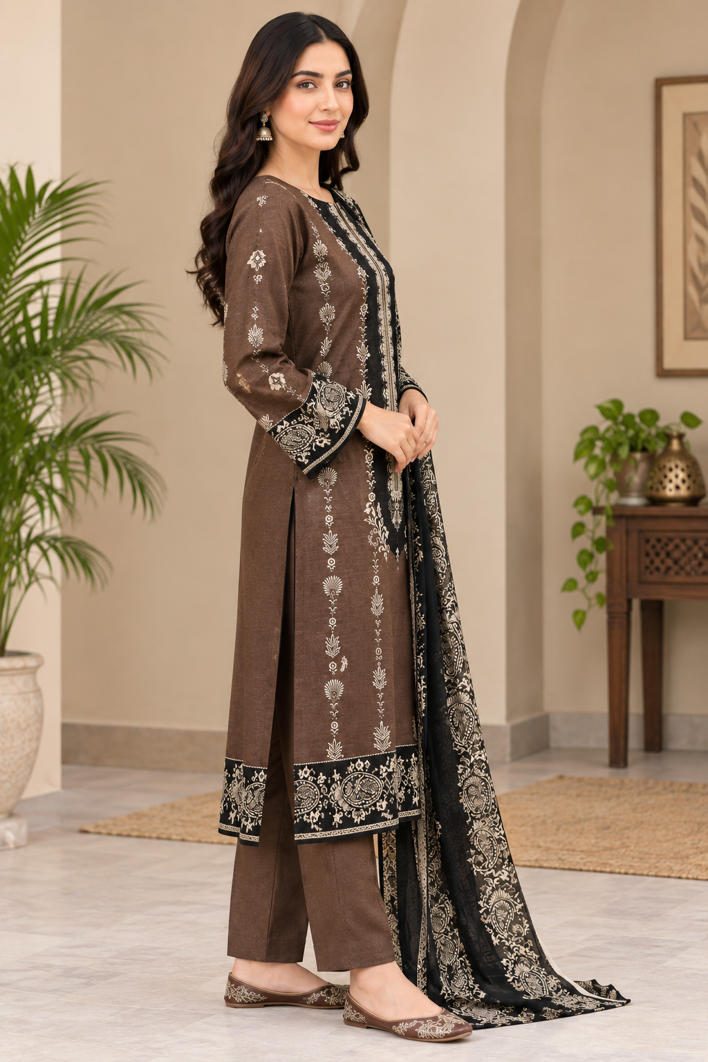 Premium Digital Khaddar 3-Piece - Brown & Black
