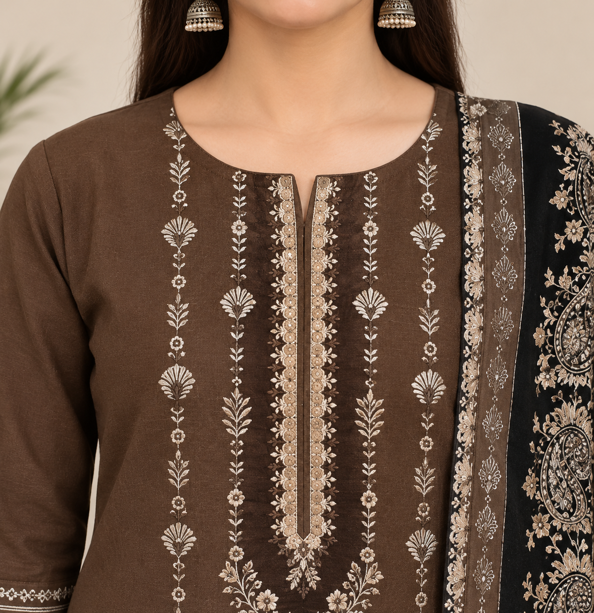 Premium Digital Khaddar 3-Piece - Brown & Black
