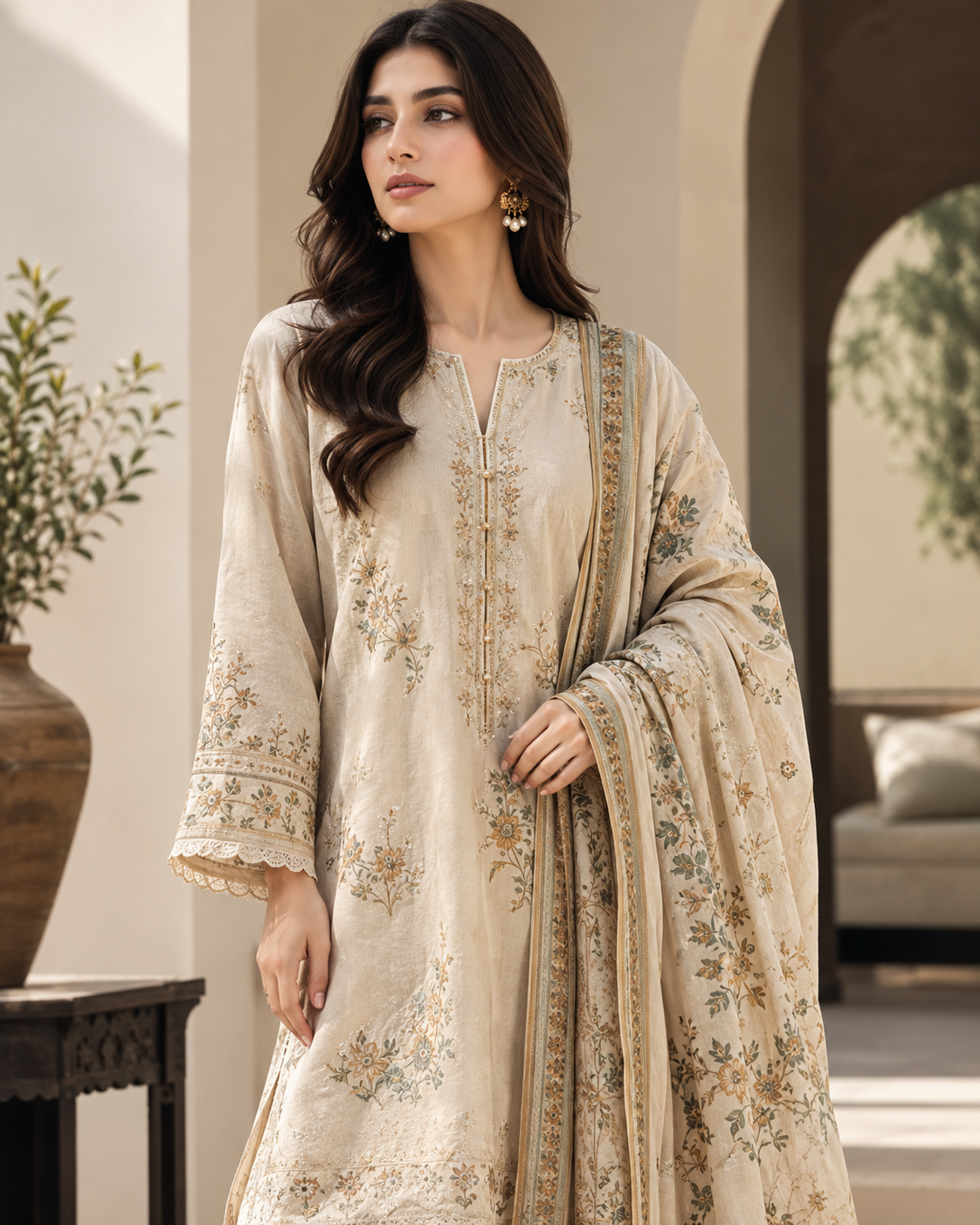 Premium Grey Floral Khaddar 3-Piece Suit - Style 5