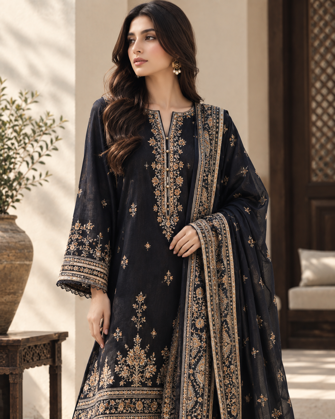 Premium Grey Floral Khaddar 3-Piece Suit - Style 1