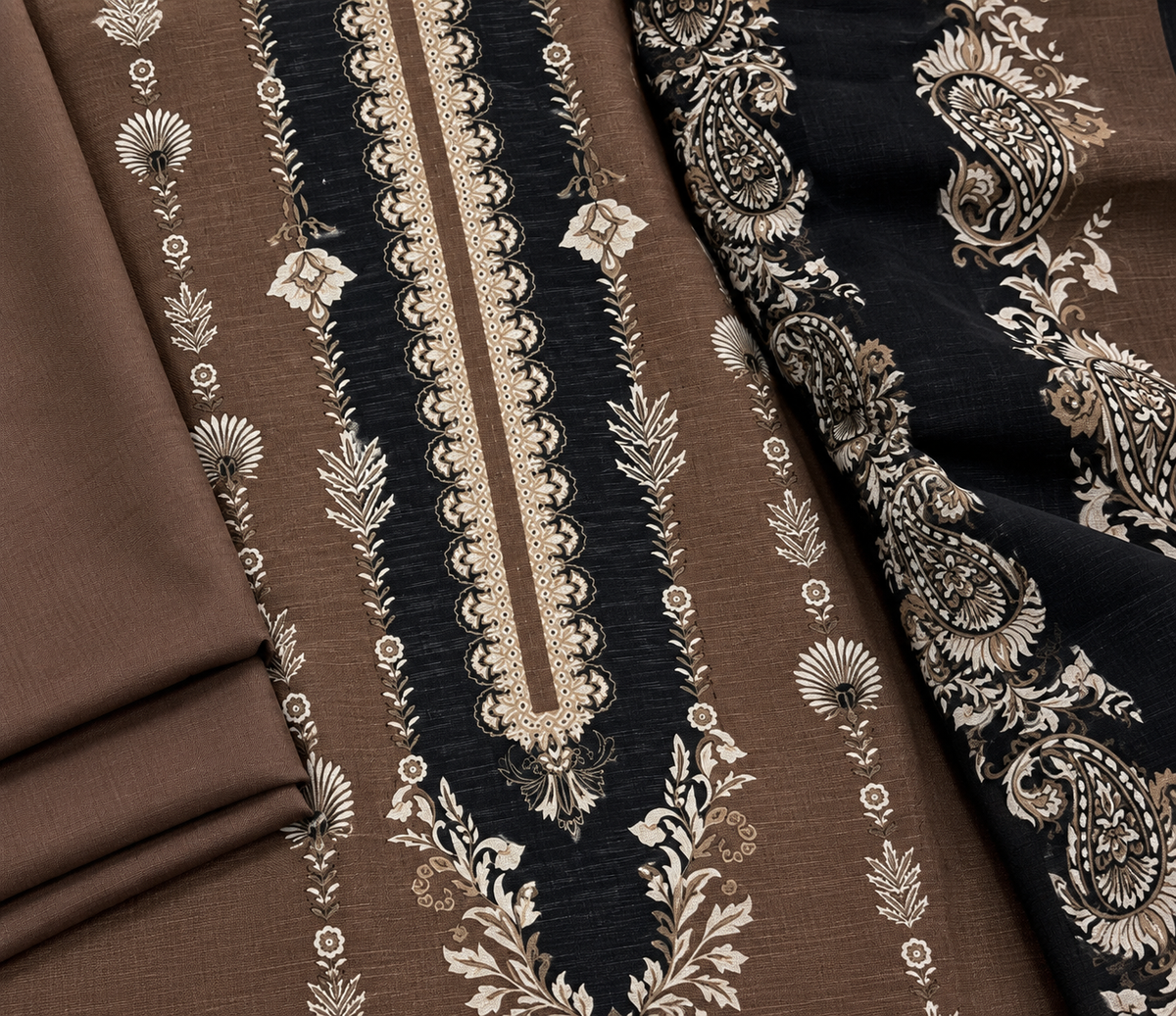 Premium Digital Khaddar 3-Piece - Brown & Black