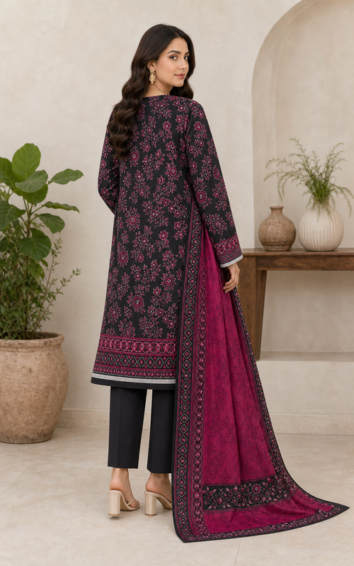 Black and magenta printed 3 piece lawn suit back view