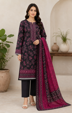 Black and magenta printed 3 piece lawn suit front view