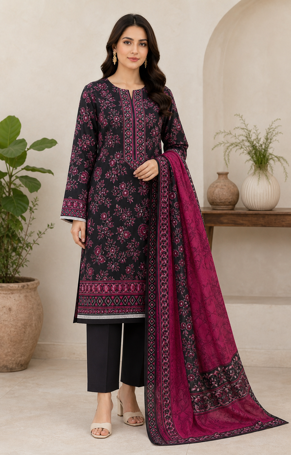 Black and magenta printed 3 piece lawn suit front view