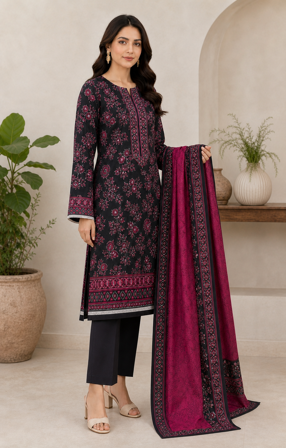 Black and magenta printed 3 piece lawn suit side view