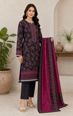 Black and magenta printed 3 piece lawn suit three quarter view
