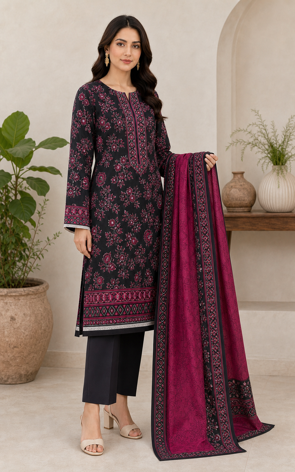 Black and magenta printed 3 piece lawn suit three quarter view