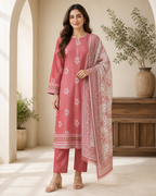 Coral & Salmon 03 Piece Printed Lawn Suit — front view