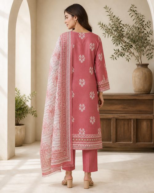 Coral & Salmon 03 Piece Printed Lawn Suit — back view