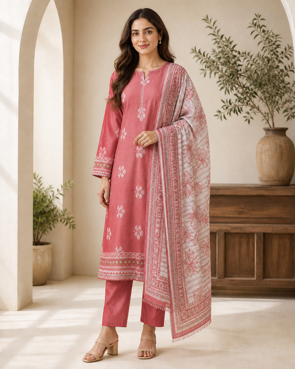 Coral & Salmon 03 Piece Printed Lawn Suit — three-quarter view