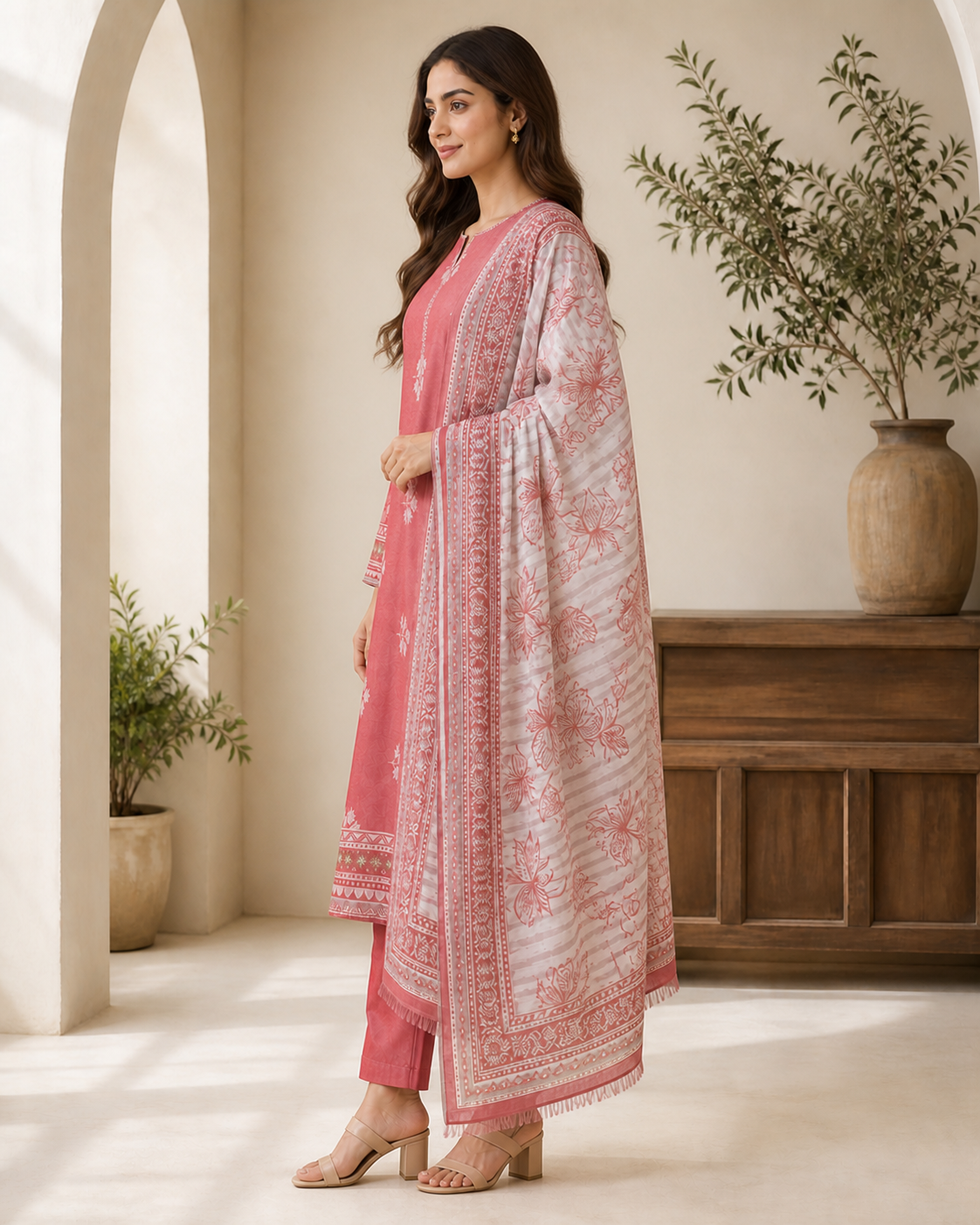 Coral & Salmon 03 Piece Printed Lawn Suit — side view