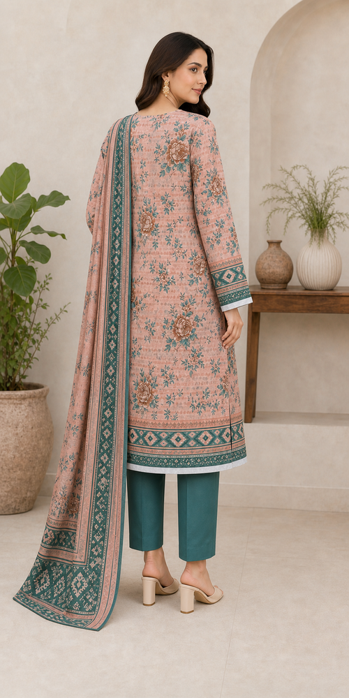 Coral, Teal & Green 03 Piece Printed Lawn Suit - back view