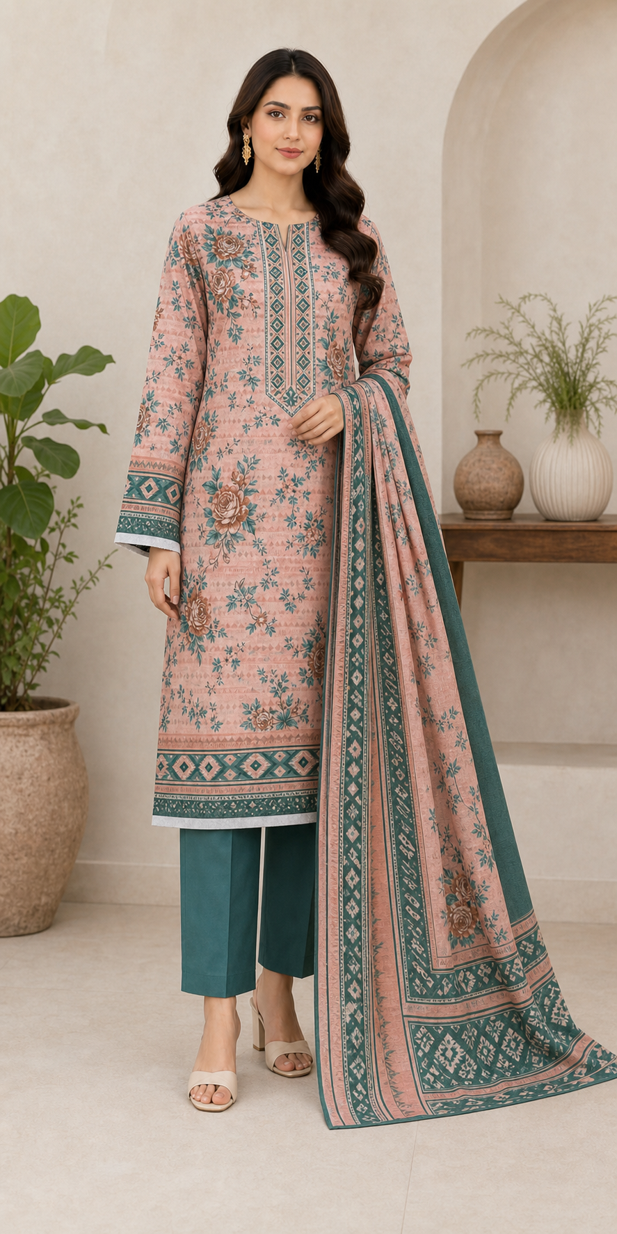 Coral, Teal & Green 03 Piece Printed Lawn Suit - front view