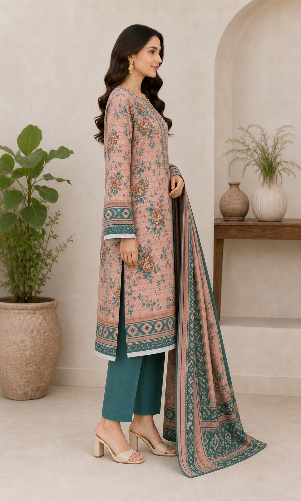 Coral, Teal & Green 03 Piece Printed Lawn Suit - side view