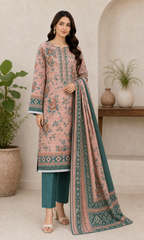 Coral, Teal & Green 03 Piece Printed Lawn Suit - three-quarter view