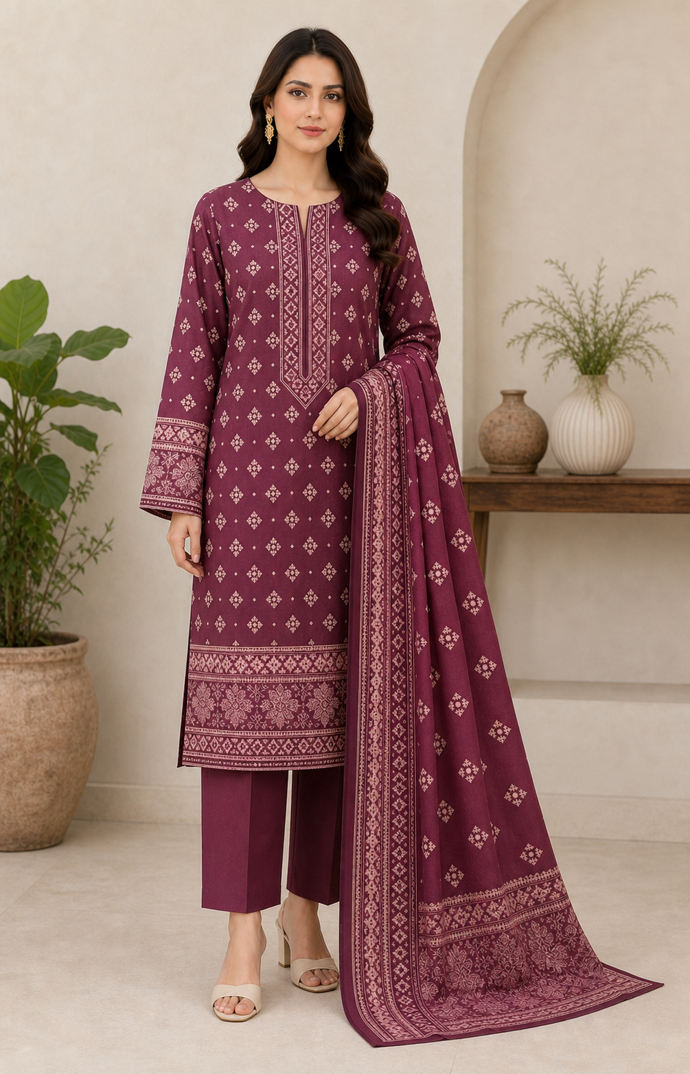 Deep Plum & Blush 03 Piece Printed Lawn Suit — front view