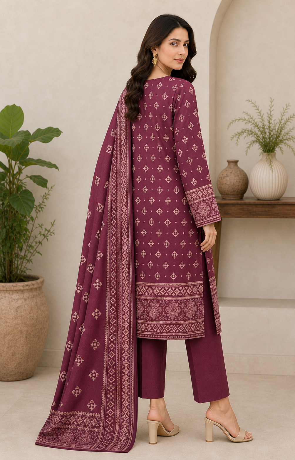 Deep Plum & Blush 03 Piece Printed Lawn Suit — back view
