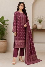Deep Plum & Blush 03 Piece Printed Lawn Suit — three-quarter view