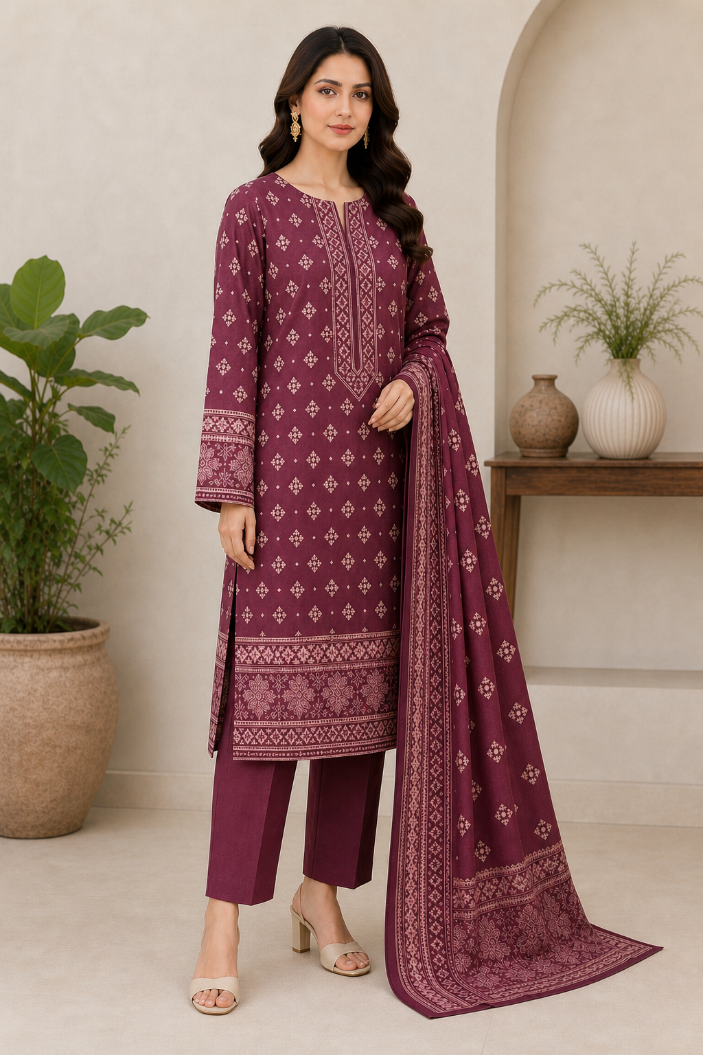 Deep Plum & Blush 03 Piece Printed Lawn Suit — three-quarter view