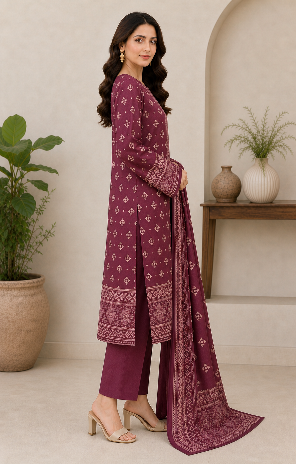 Deep Plum & Blush 03 Piece Printed Lawn Suit — side view
