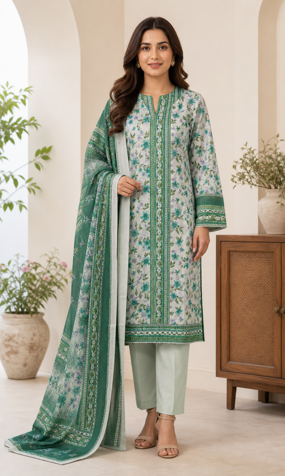 Emerald & Mist Green 03 Piece Printed Lawn Suit — front view