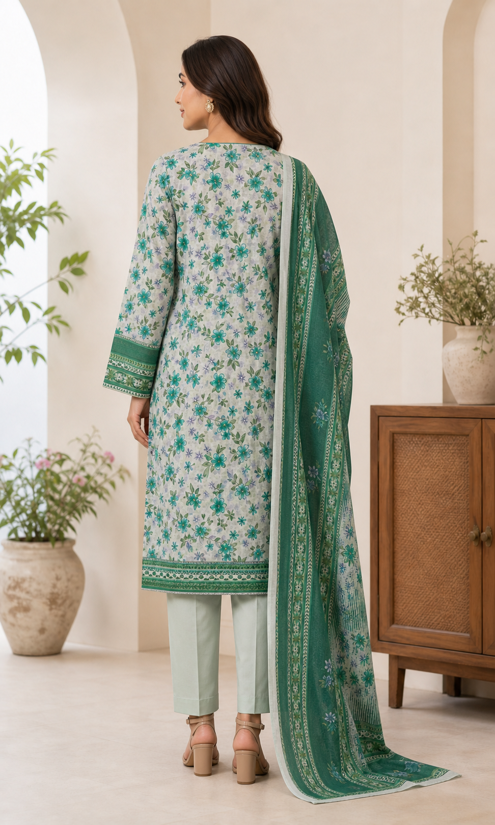 Emerald & Mist Green 03 Piece Printed Lawn Suit — back view