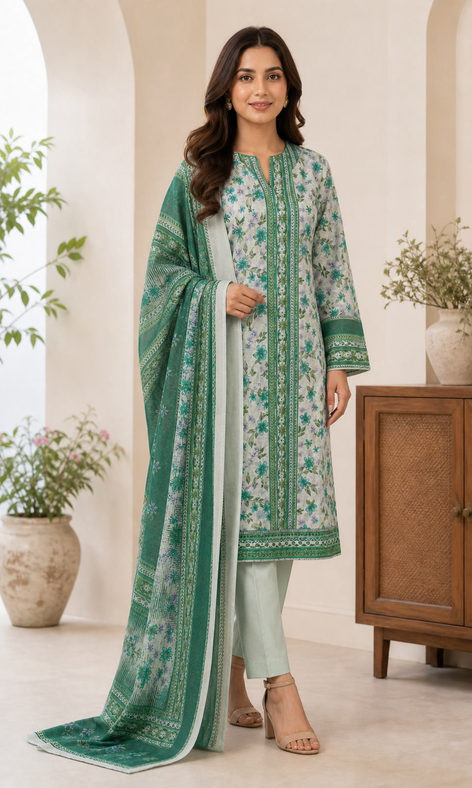 Emerald & Mist Green 03 Piece Printed Lawn Suit — three-quarter view