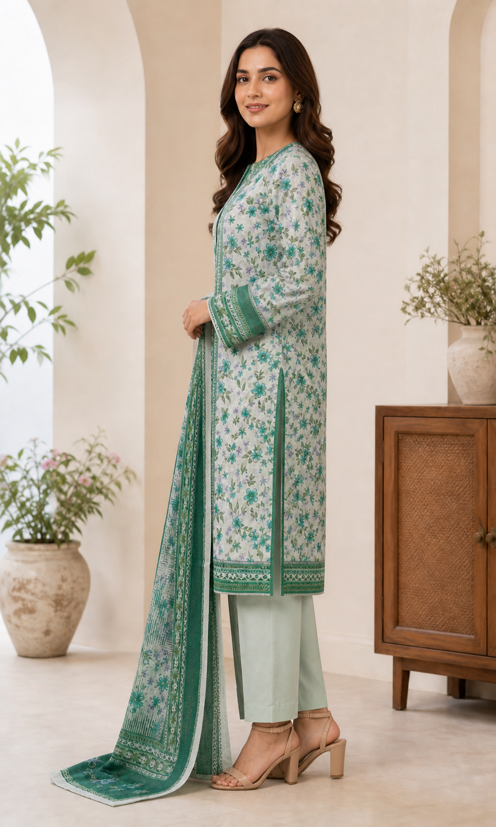 Emerald & Mist Green 03 Piece Printed Lawn Suit — side view