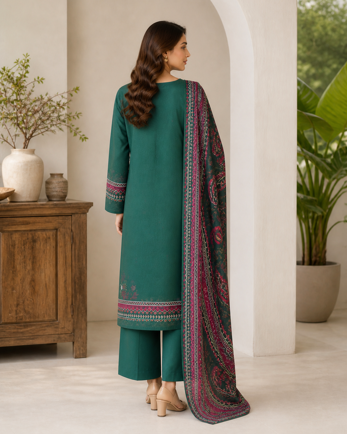 Forest Green & Maroon 03 Piece Printed Lawn Suit — back view