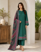 Forest Green & Maroon 03 Piece Printed Lawn Suit — three-quarter view