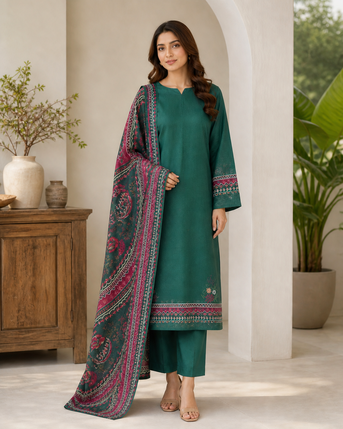 Forest Green & Maroon 03 Piece Printed Lawn Suit — three-quarter view