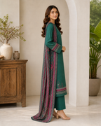 Forest Green & Maroon 03 Piece Printed Lawn Suit — side view