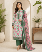 Forest Green & Pink Blush 03 Piece Printed Lawn Suit — front view