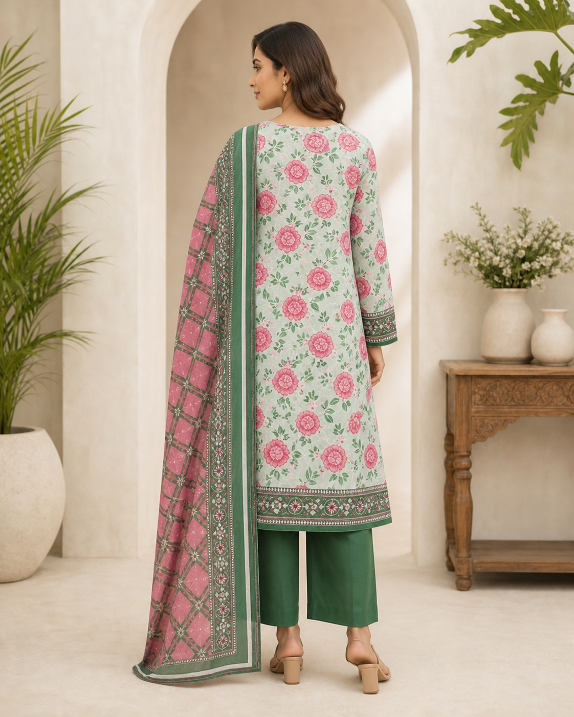 Forest Green & Pink Blush 03 Piece Printed Lawn Suit — back view