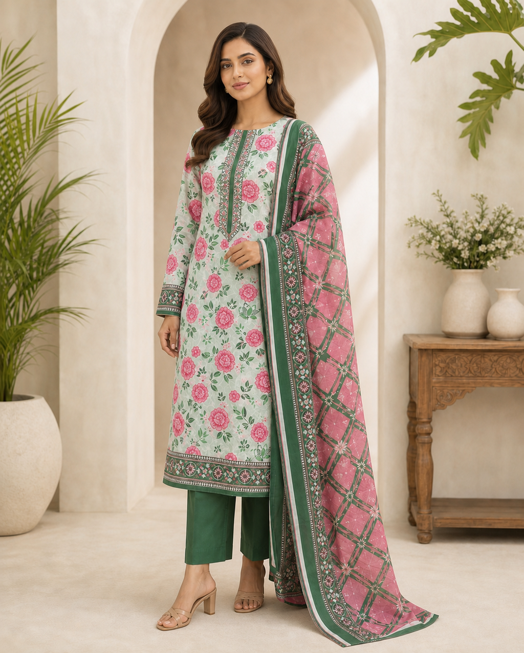 Forest Green & Pink Blush 03 Piece Printed Lawn Suit — three-quarter view