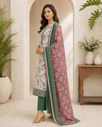 Forest Green & Pink Blush 03 Piece Printed Lawn Suit — side view