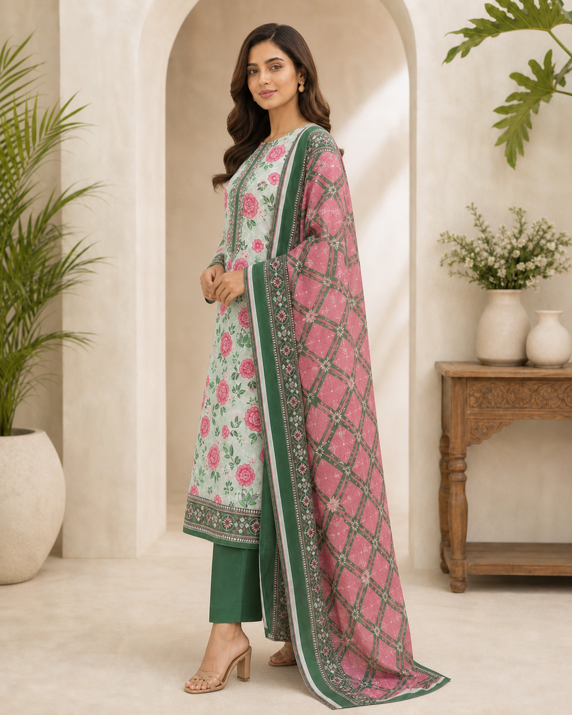 Forest Green & Pink Blush 03 Piece Printed Lawn Suit — side view
