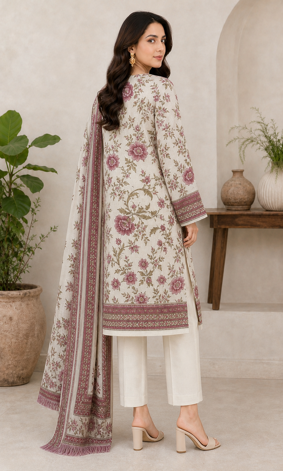 Ivory & Maroon Botanical 03 Piece Printed Lawn Suit back view