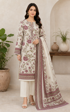 Ivory & Maroon Botanical 03 Piece Printed Lawn Suit front view
