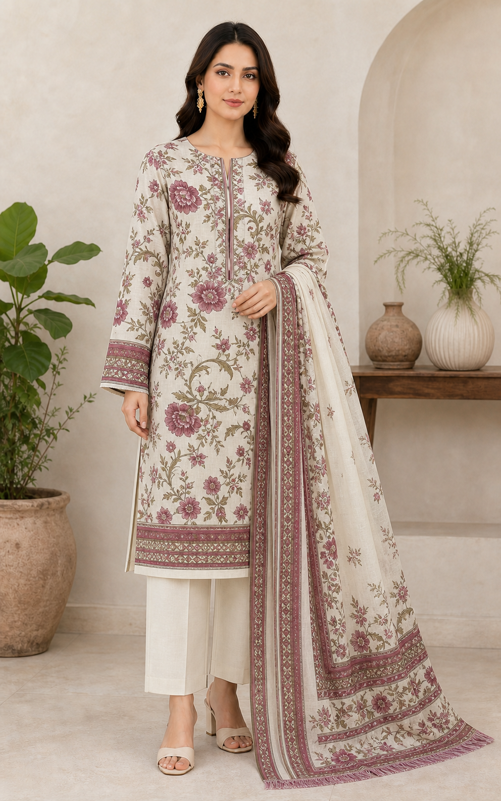 Ivory & Maroon Botanical 03 Piece Printed Lawn Suit front view