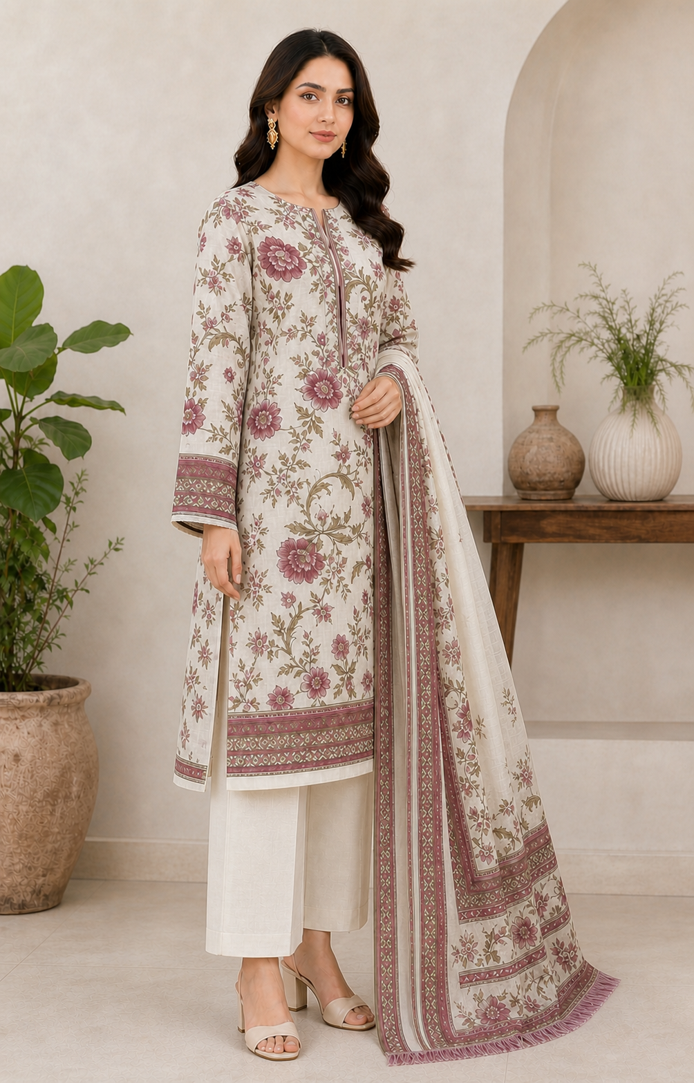 Ivory & Maroon Botanical 03 Piece Printed Lawn Suit side view