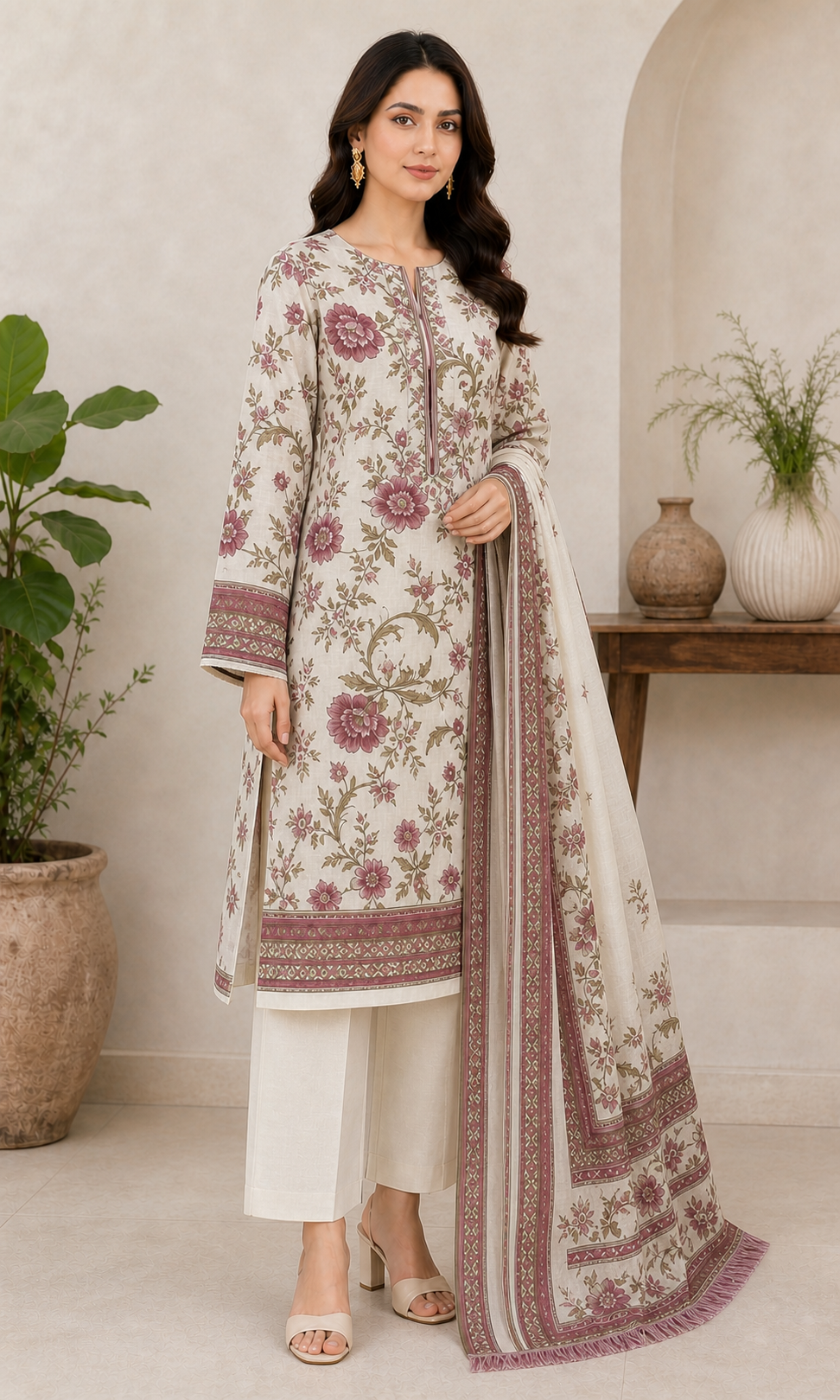 Ivory & Maroon Botanical 03 Piece Printed Lawn Suit three-quarter view