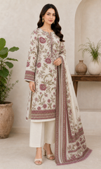 Ivory & Maroon Botanical 03 Piece Printed Lawn Suit three-quarter view