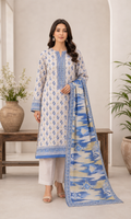Ivory & Sapphire Blue 03 Piece Printed Lawn Suit — front view