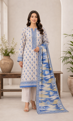 Ivory & Sapphire Blue 03 Piece Printed Lawn Suit — front view