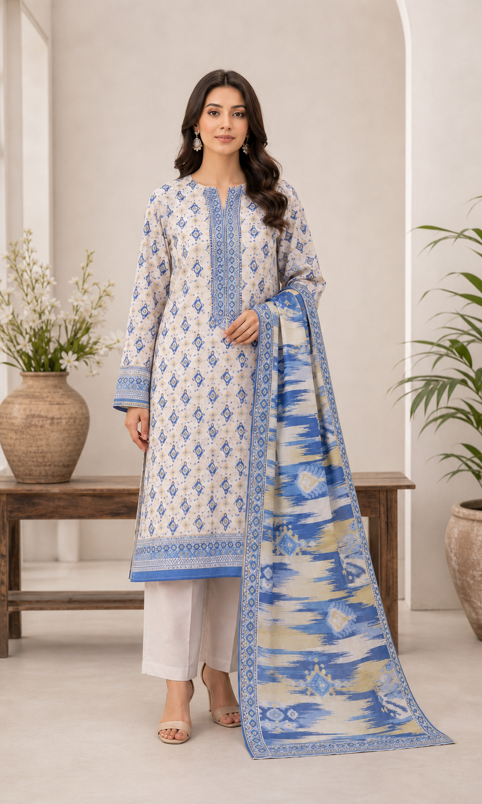 Ivory & Sapphire Blue 03 Piece Printed Lawn Suit — front view